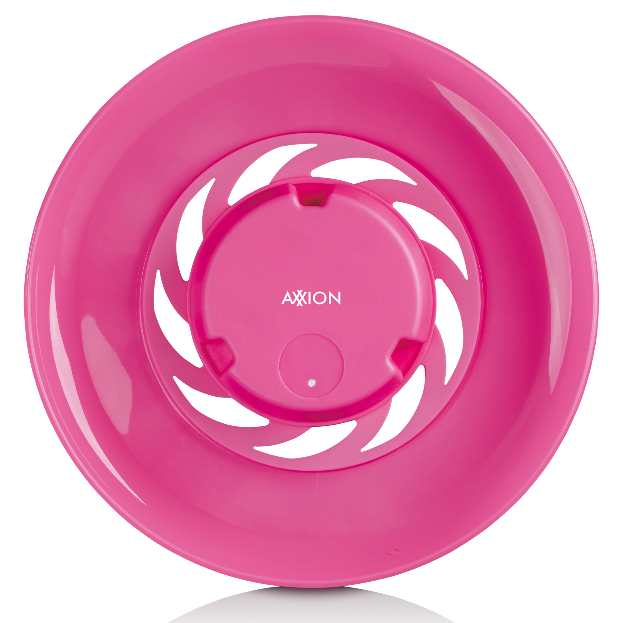Roze plastic Axion plafondventilator van onderaf gezien met een witte achtergrond.