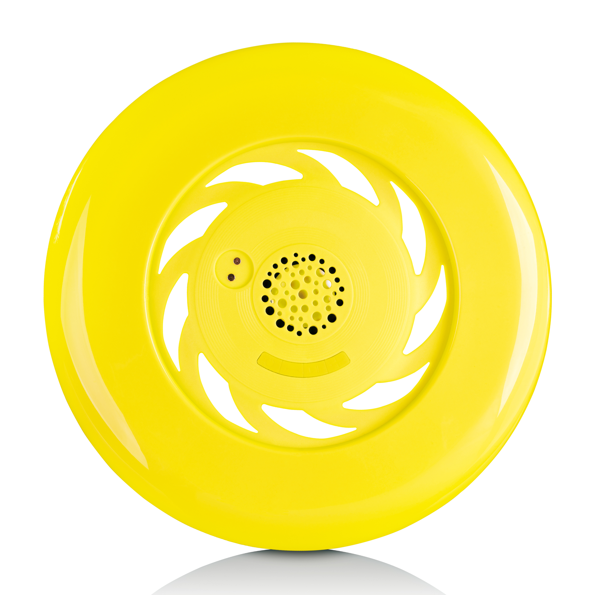 Frisbee giallo con design a spirale centrale e fori al centro.