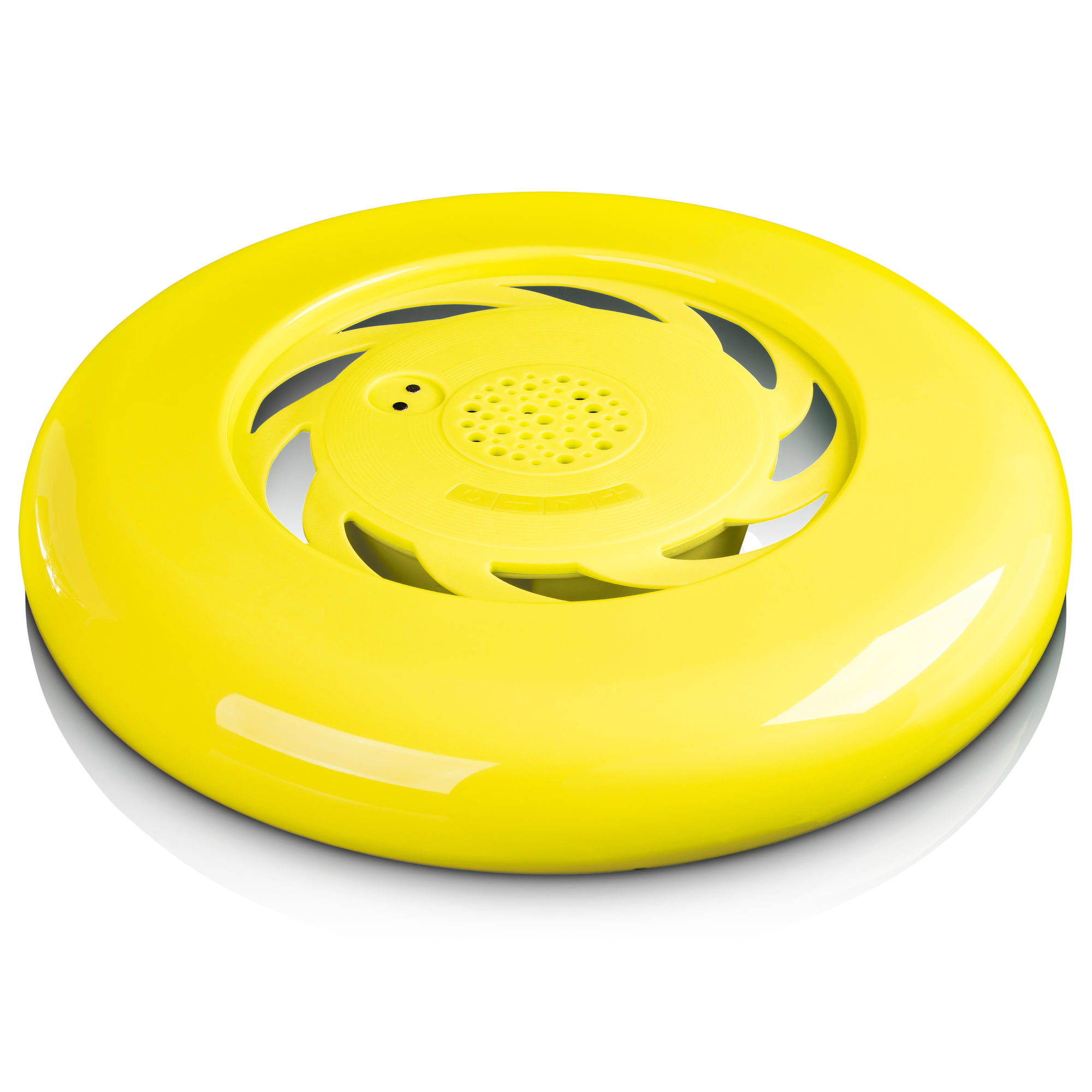 Frisbee giallo con un design a spirale centrale, su sfondo bianco.