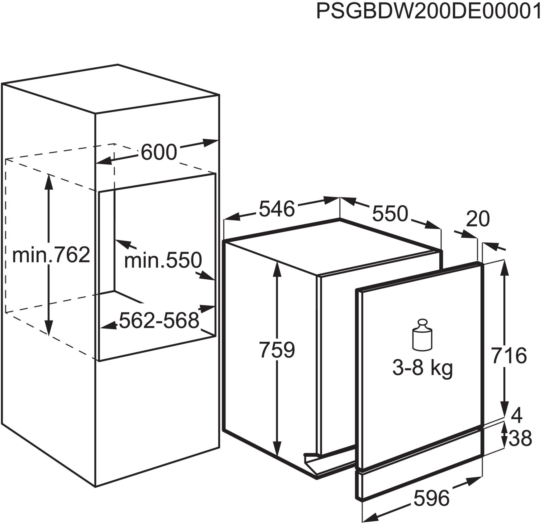 Diagramm eines Einbaugeräts mit Abmessungen in Millimetern. Zeigt eine Mikrowelle und einen umliegenden Schrank.