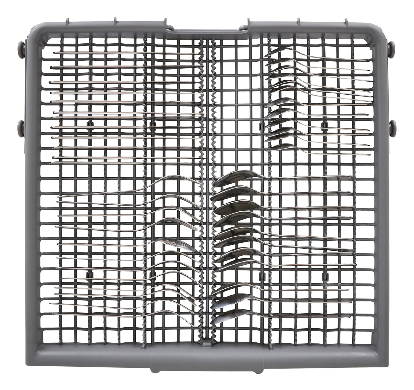 Koszyk na sztućce do zmywarki. Jest szary i ma szczeliny na różne przybory. Tło jest białe.