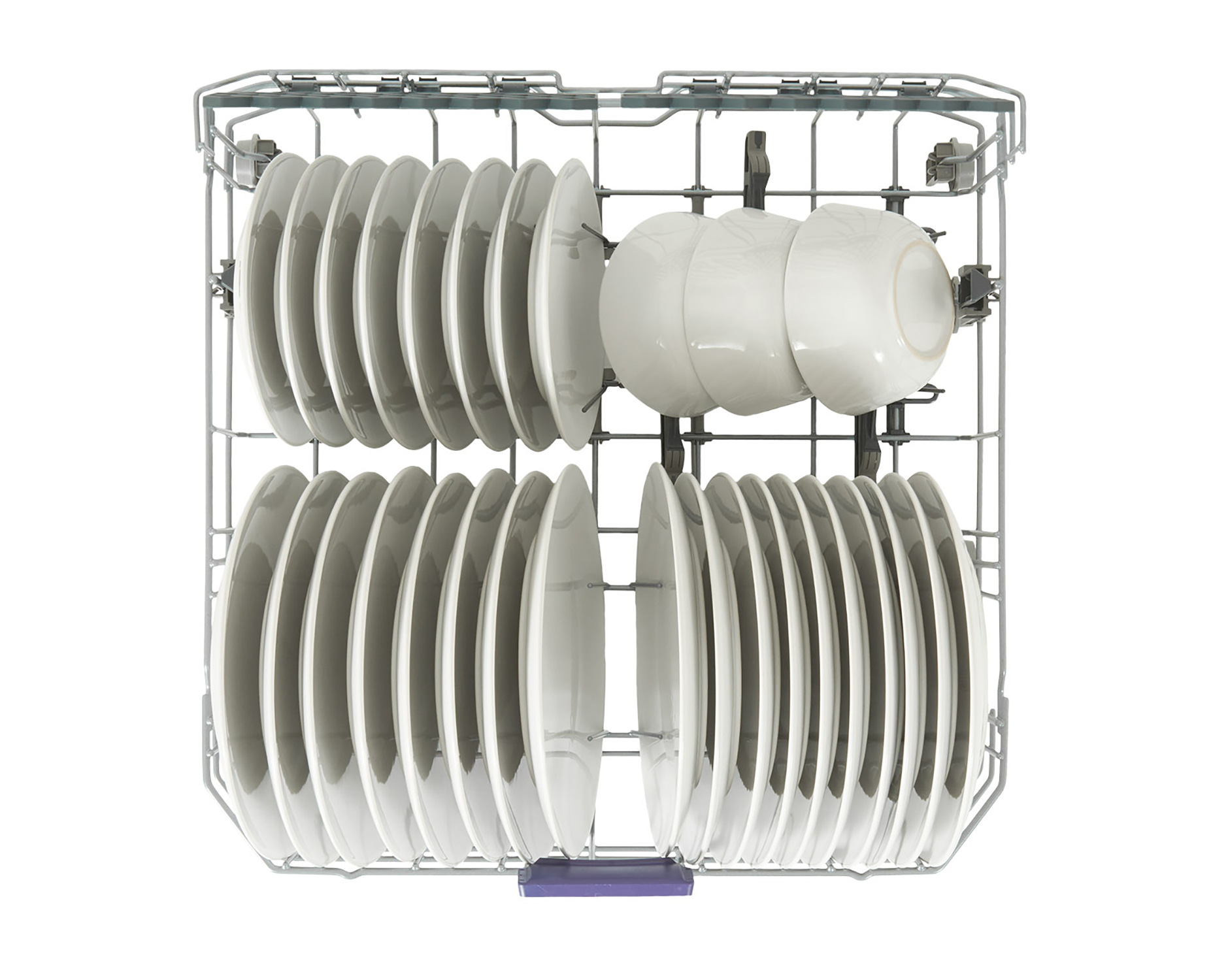 Wnętrze zmywarki z czystymi białymi talerzami i miskami, starannie ułożonymi.