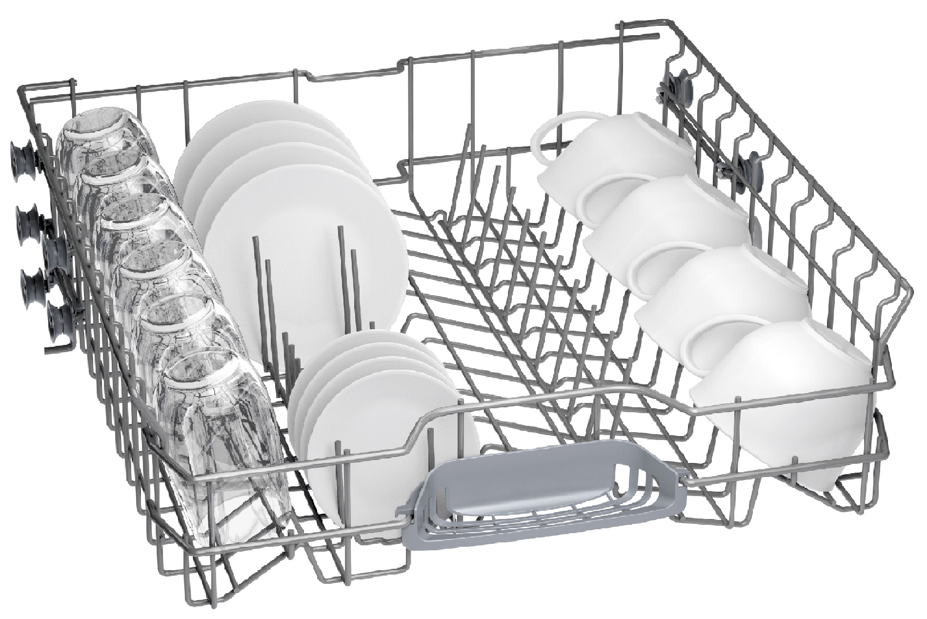 Geschirrspülergestell mit Gläsern und Tellern. Enthält Gläser, Teller und Tassen. Metallisches Drahtgestelldesign.