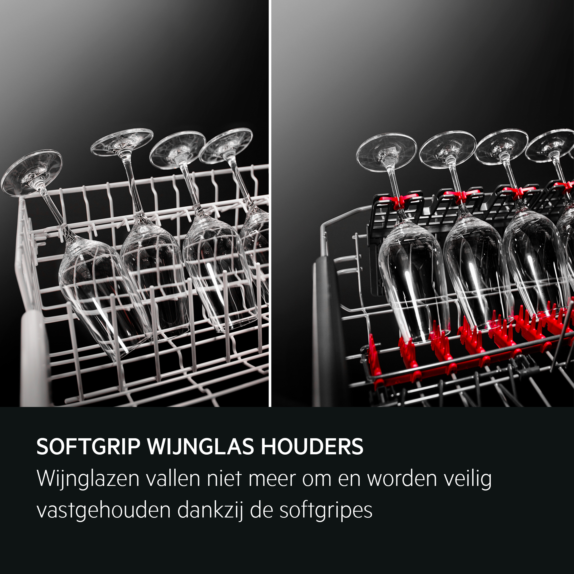 Dwa zdjęcia przedstawiające kieliszki do wina w stojaku zmywarki z czerwonymi uchwytami softgrip, czarne tło.