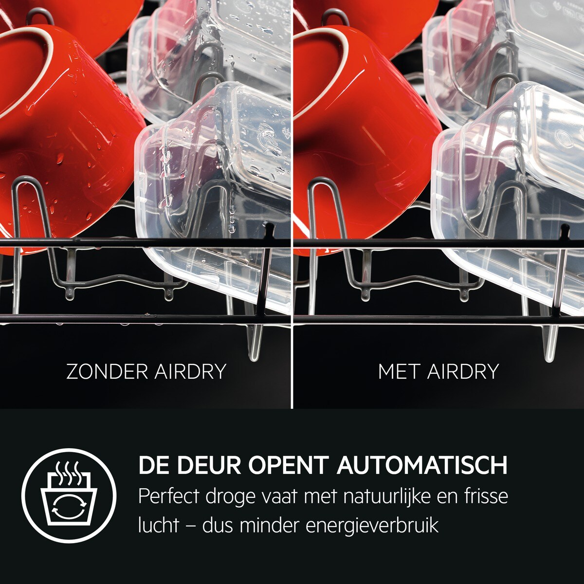 Zmywarka z czerwonymi kubkami i przezroczystymi pojemnikami. Tekst: 'ZONDER AIRDRY' i 'MET AIRDRY'.