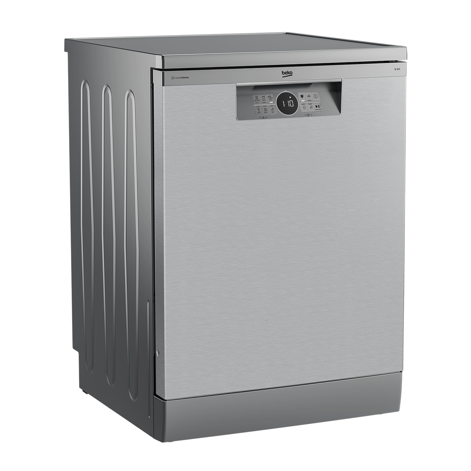 Zmywarka Beko ze stali nierdzewnej. Zmywarka jest srebrna i ma panel sterowania oraz uchwyt.