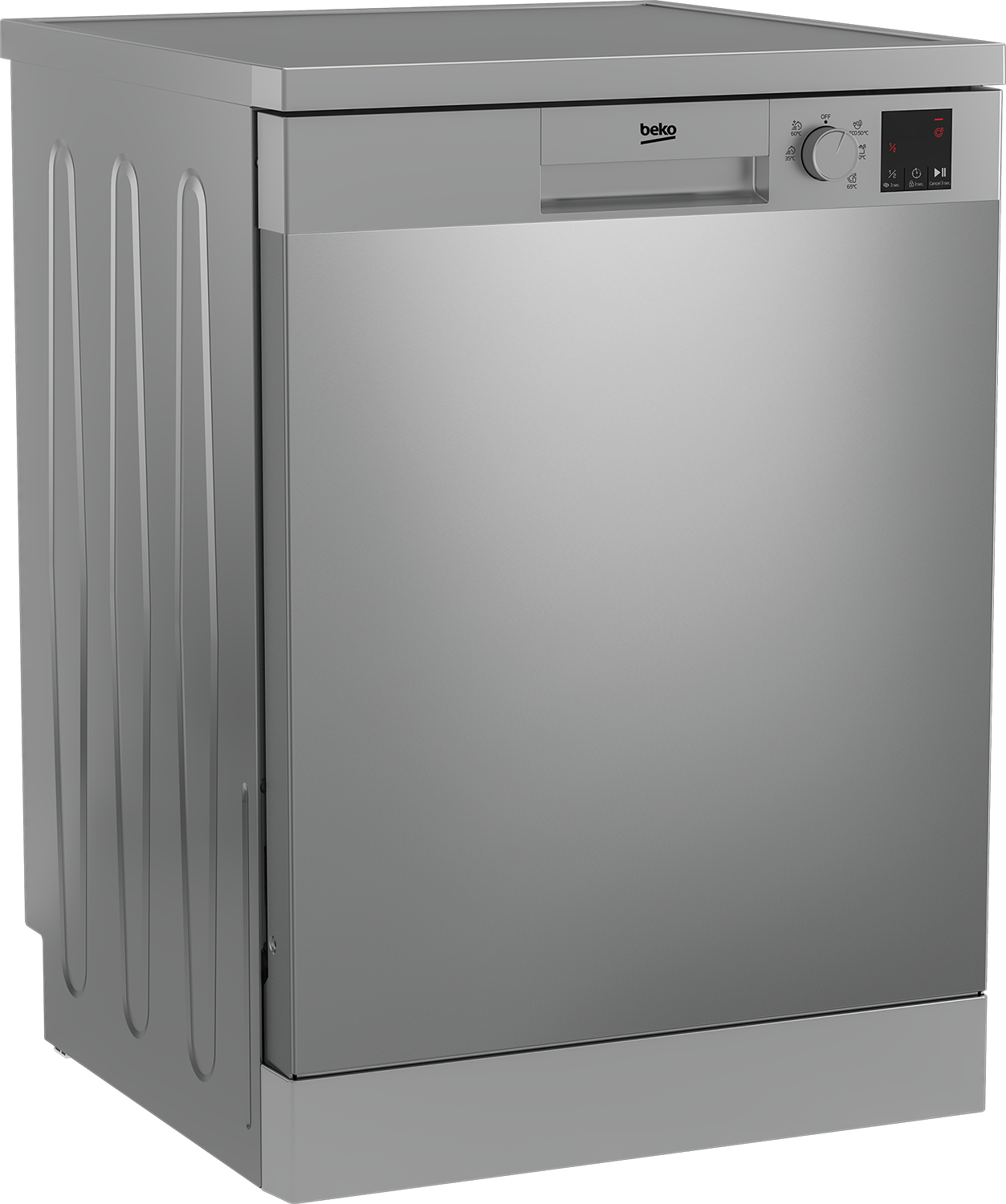 Srebrna zmywarka Beko, widok z lekkiego kąta, na ciemnym tle.