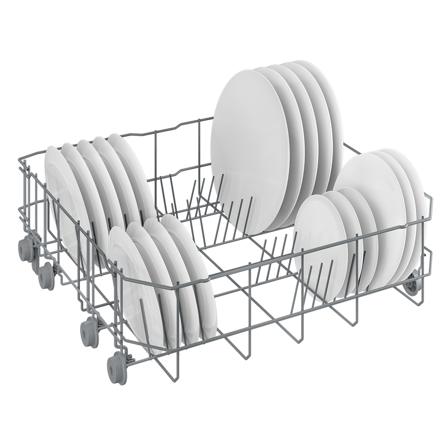 Koszyk zmywarki z białymi talerzami i spodkami.