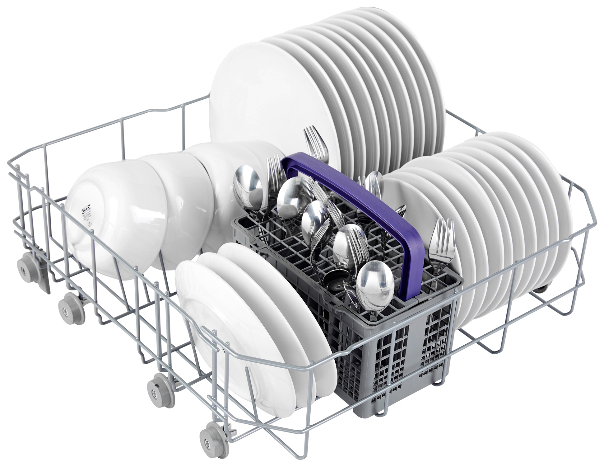 Stojak do zmywarki wypełniony talerzami, miskami, łyżkami i widelcami.
