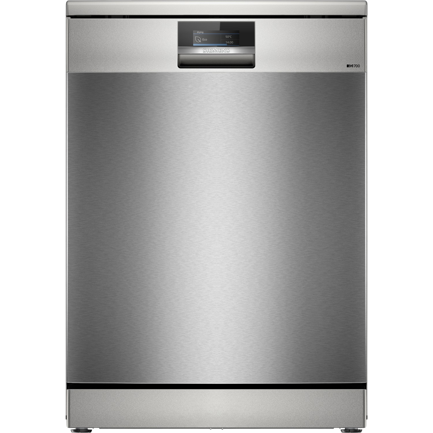 Lavastoviglie in acciaio inox con pannello touch in alto. Logo Siemens.