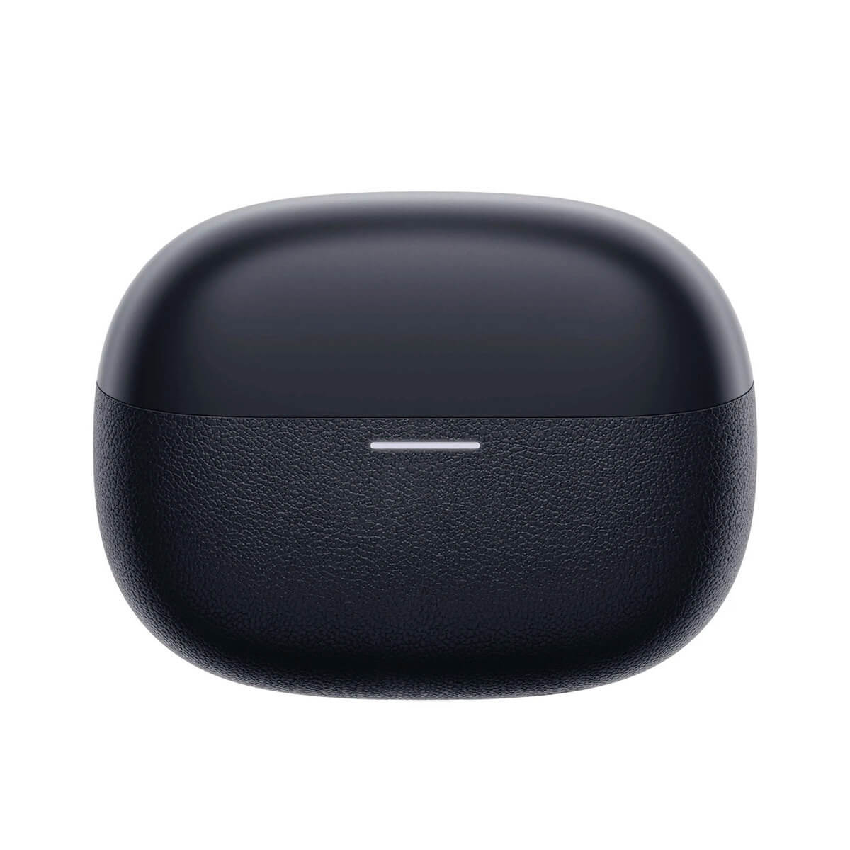 Czarne, owalne etui na słuchawki z jednym białym wskaźnikiem na górze.