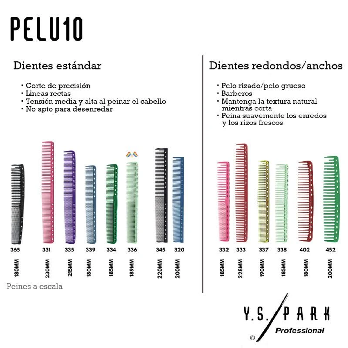 Peines de varios colores y tamaños. Las etiquetas indican el propósito y la longitud del peine.