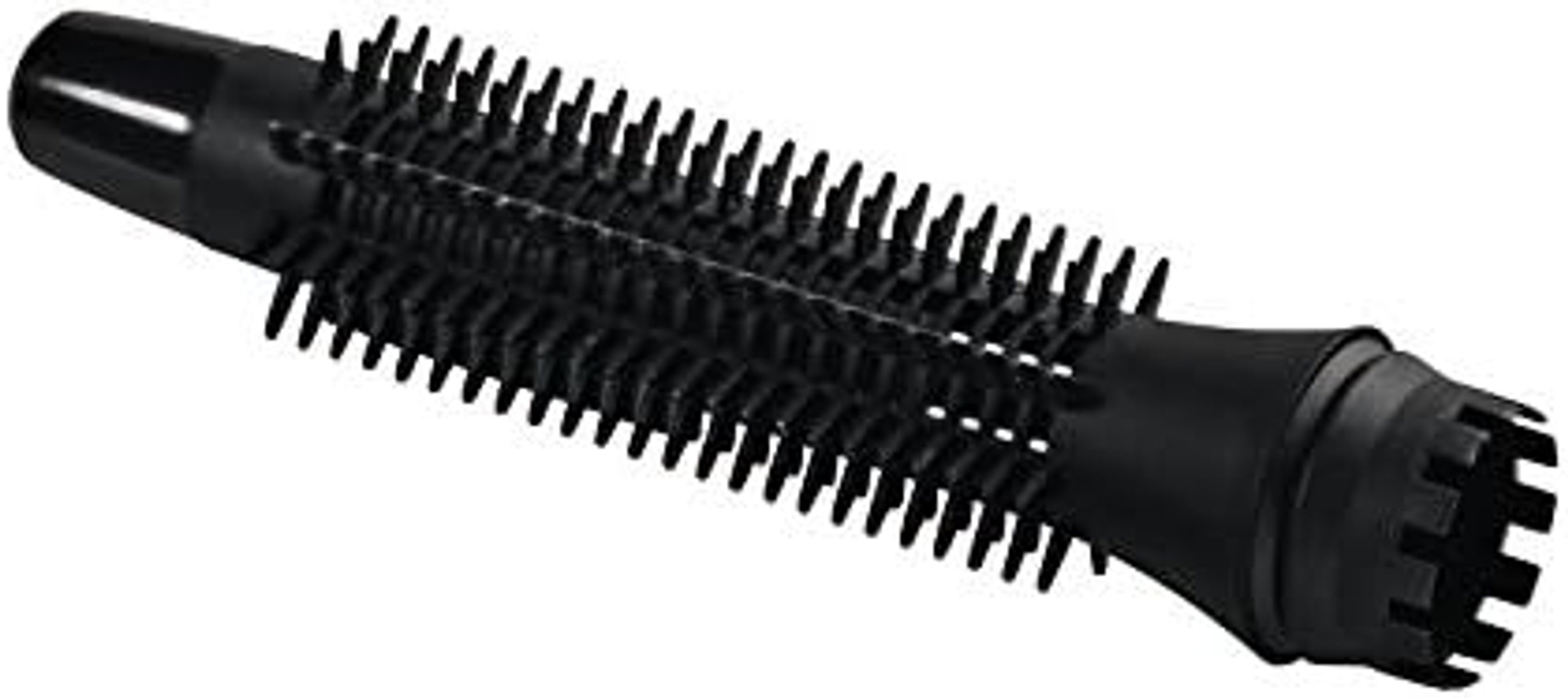 Czarna nasadka do suszarki z włosiem. Widok z boku, na białym tle. Do stylizacji.