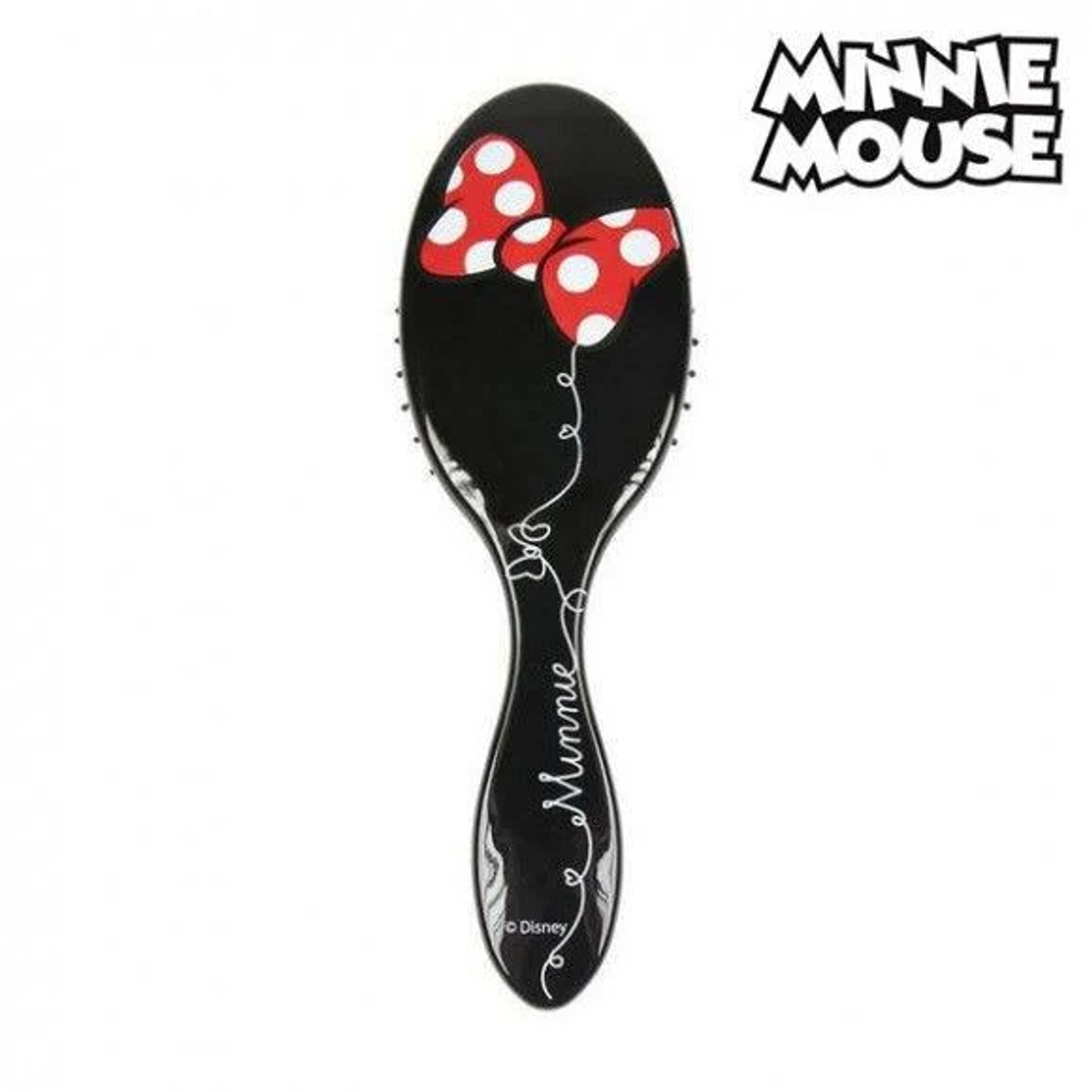 Cepillo de pelo de Minnie Mouse sobre blanco. Cepillo negro con lazo y nombre de Minnie. Logo Disney visible.