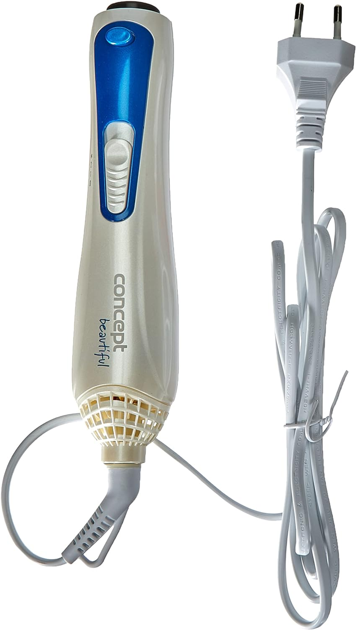 Prostownica do włosów z białym i niebieskim wzorem. Dołączony jest przewód zasilający.