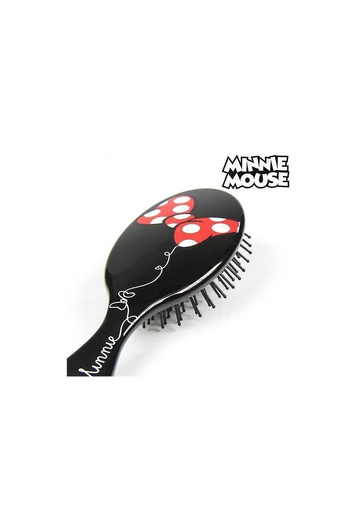 Un cepillo negro para el cabello con diseño de Minnie Mouse, con lazos rojos en el mango negro.
