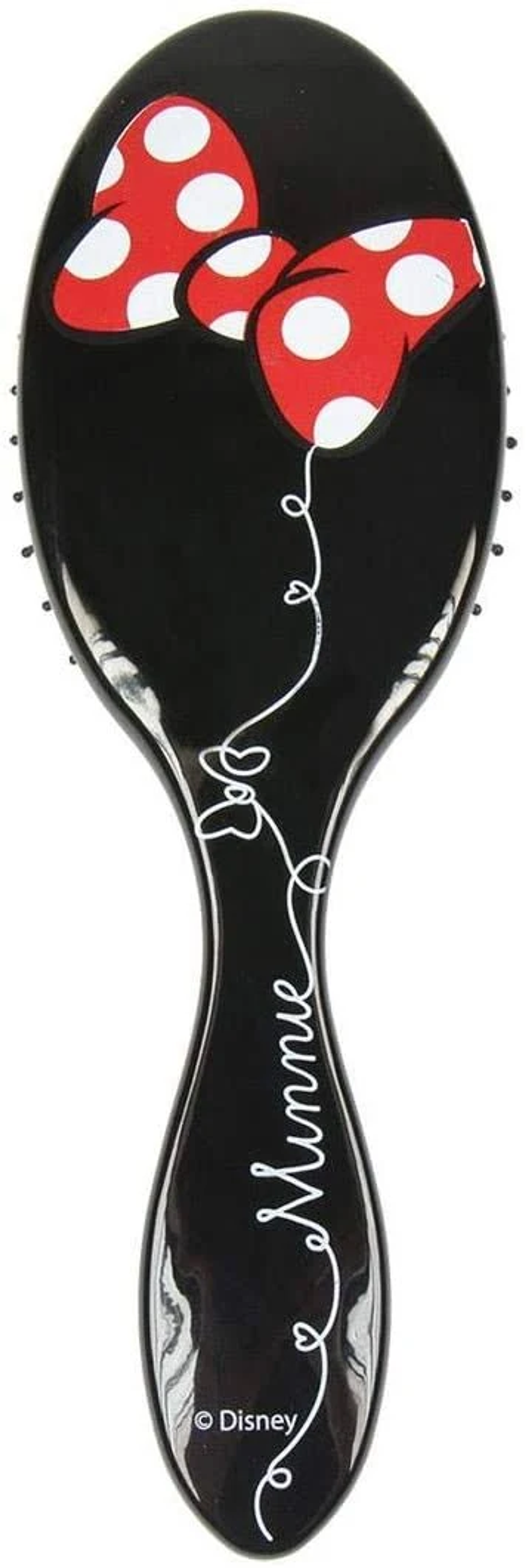 Un cepillo para el pelo negro de Minnie Mouse con un diseño de lazo rojo y la palabra 'Minnie'.