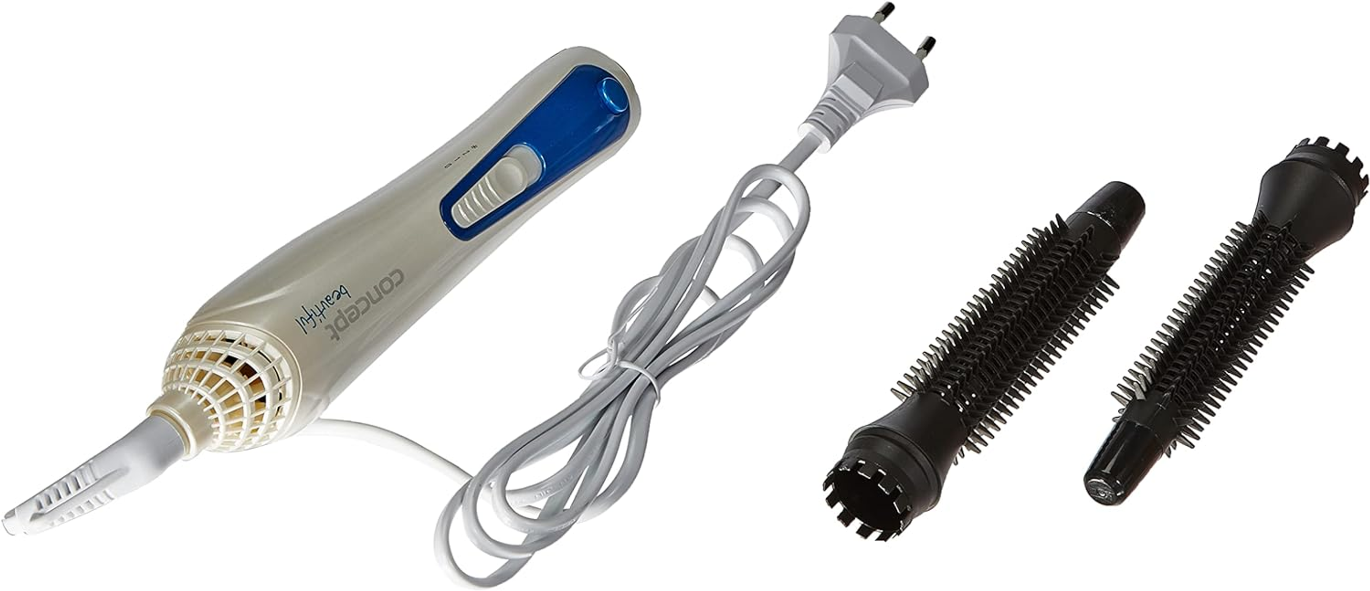 Narzędzia do stylizacji włosów: suszarka do włosów, przewód i dwie szczotki. Białe tło.