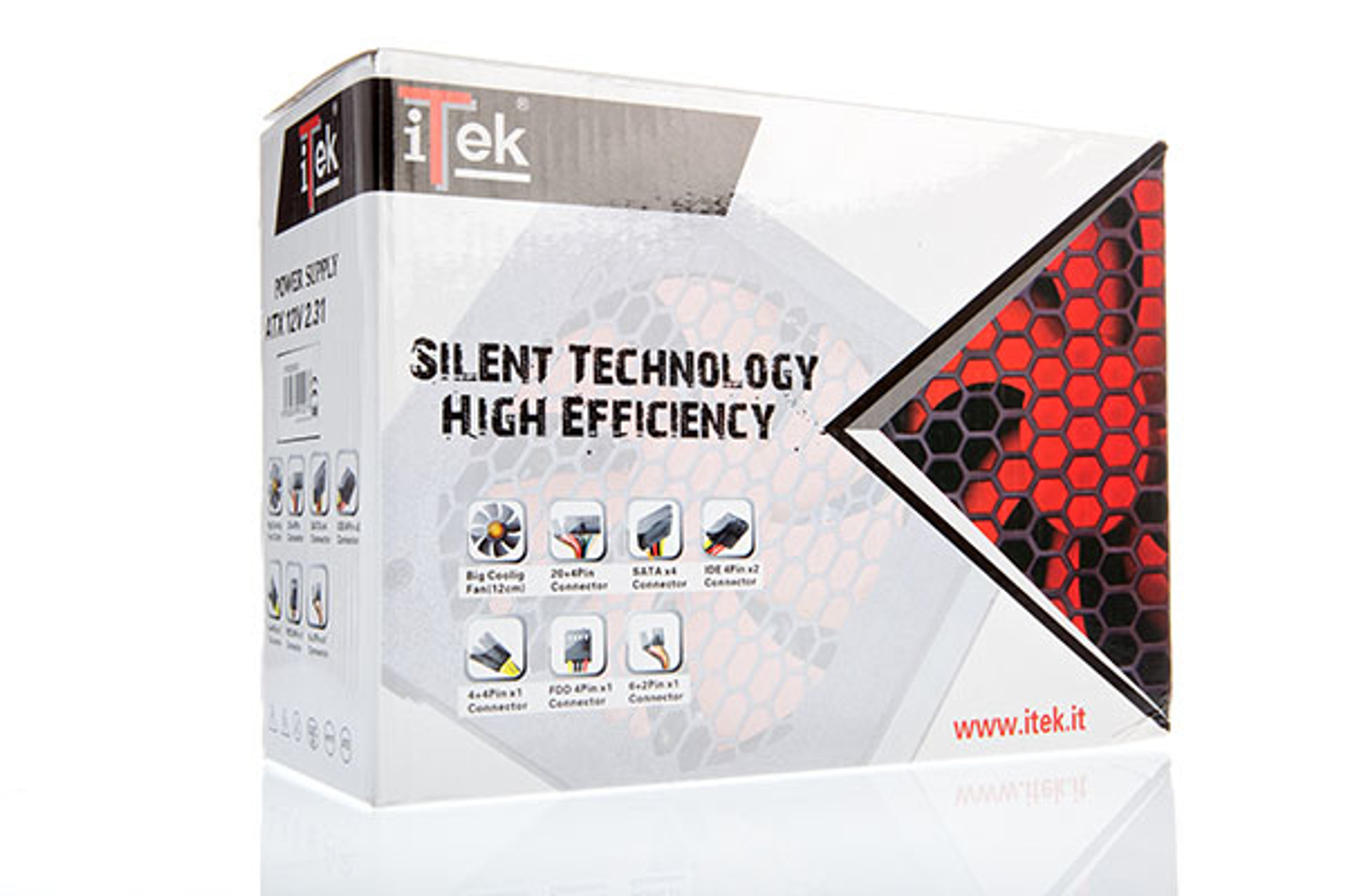 Witte doos met een rode en zwarte afbeelding, tekst: Silent Technology, High Efficiency.