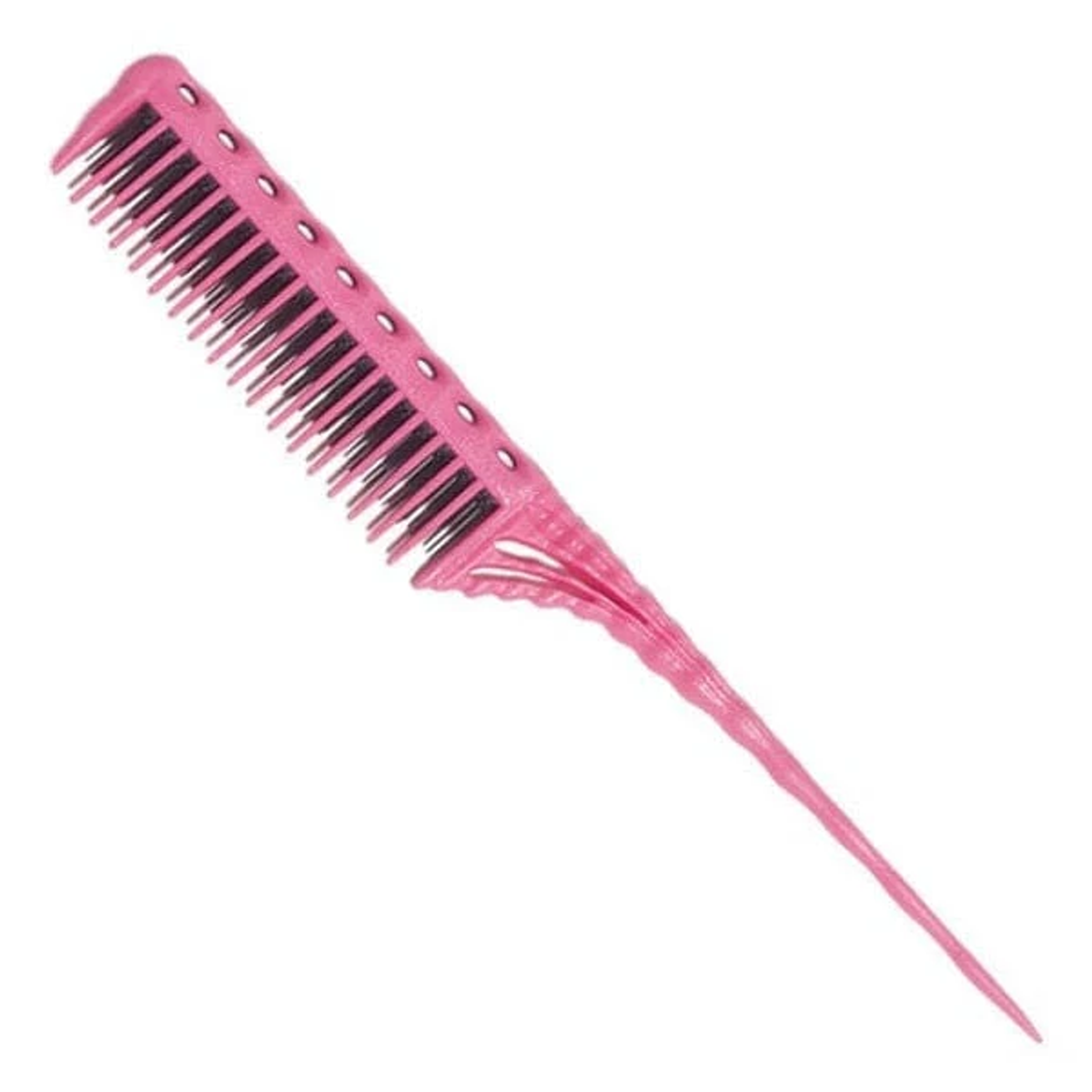 Peine de cola rosa con dientes negros y punta afilada. El peine está sobre un fondo blanco.