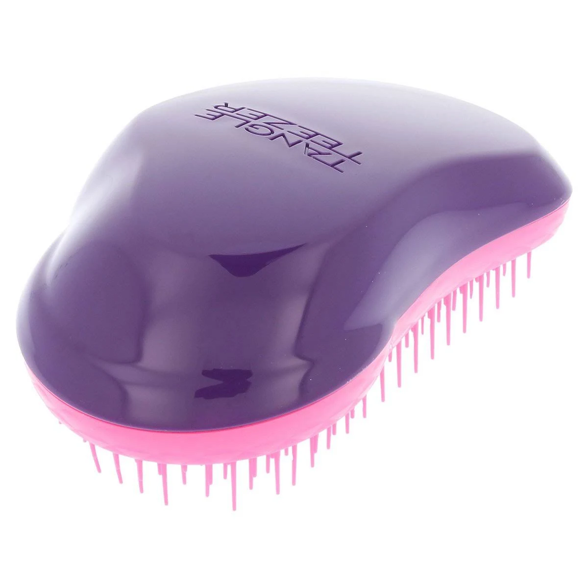 Cepillo para el pelo Tangle Teezer morado y rosa. Forma ovalada con cerdas rosas.