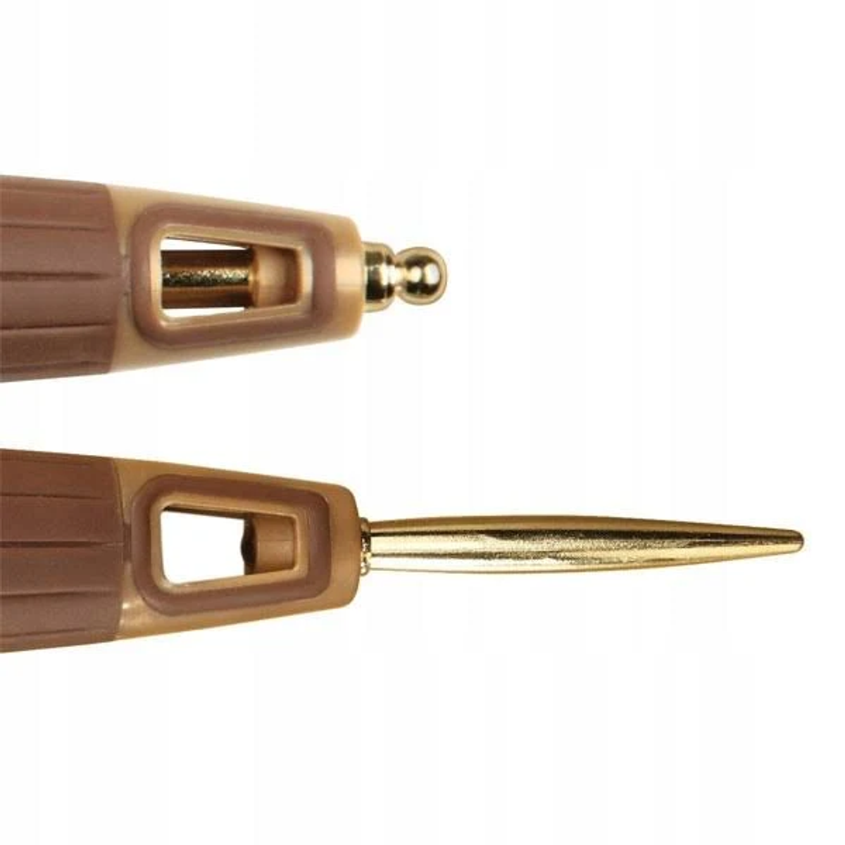 Due primi piani di una penna di precisione marrone e oro. La penna ha un design elegante.