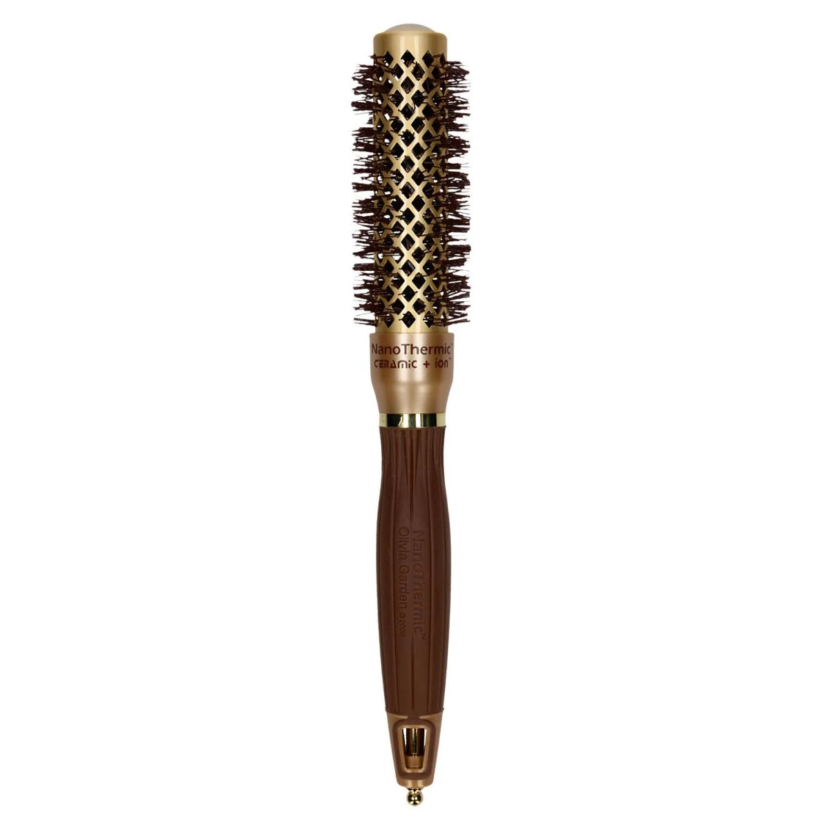 Spazzola rotonda per capelli con colori marrone e oro. Ha setole di plastica e un manico marrone.
