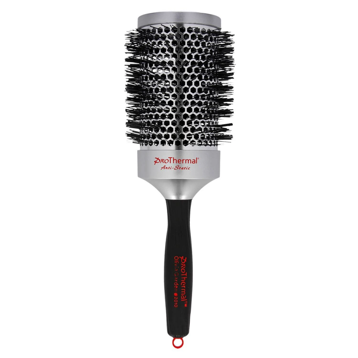 Spazzola rotonda per capelli con setole nere e manico metallico, su sfondo bianco.