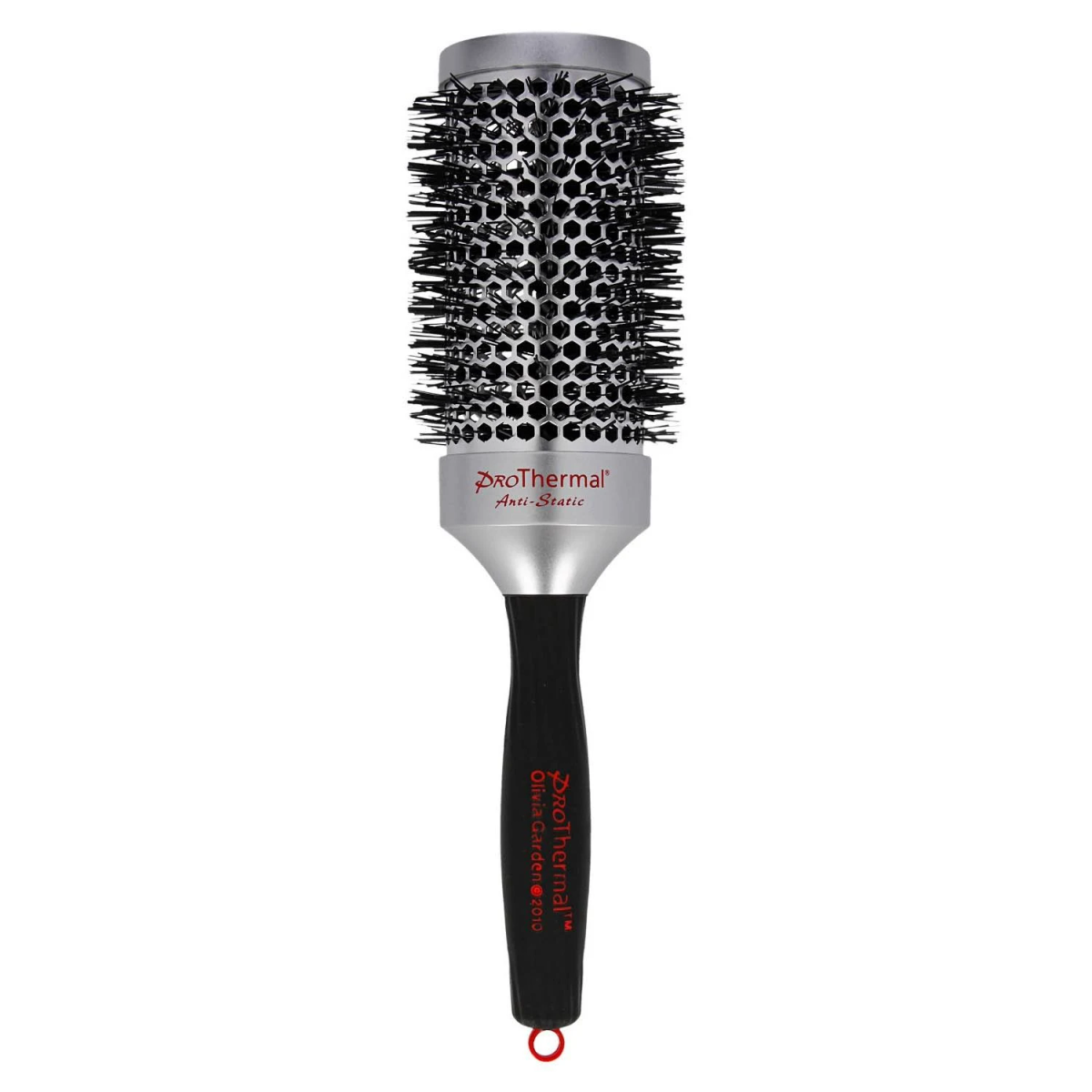 Una spazzola per capelli nera e argento, con manico nero. La spazzola è su sfondo bianco.
