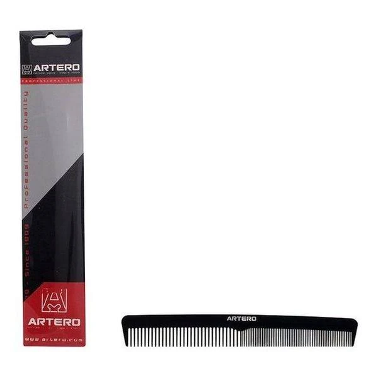 Peine negro para el cabello y embalaje. El embalaje tiene una banda roja con el logo de Artero.