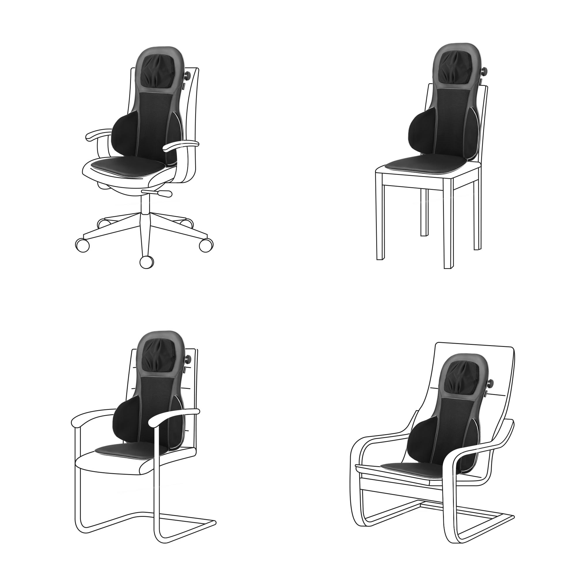 Cztery rysunki liniowe pokazujące urządzenie do masażu na różnych typach krzeseł.