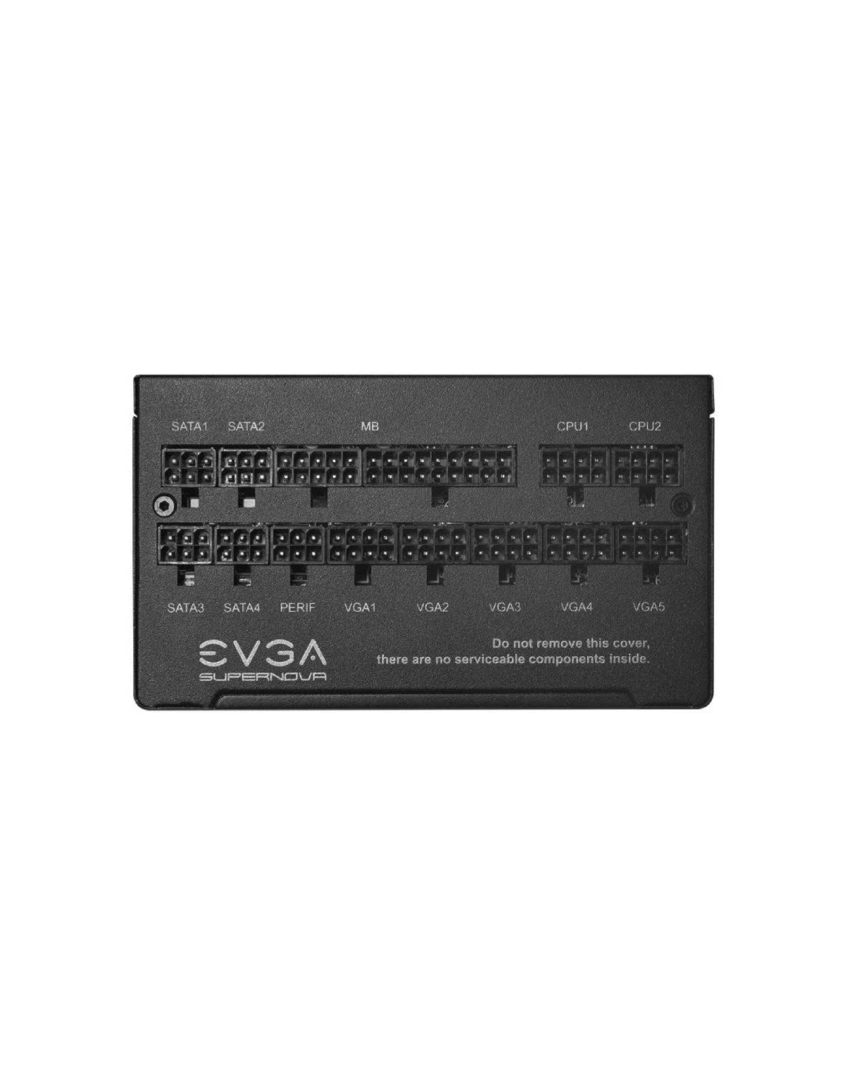 Zasilacz EVGA Supernova z widocznymi różnymi portami połączeniowymi.