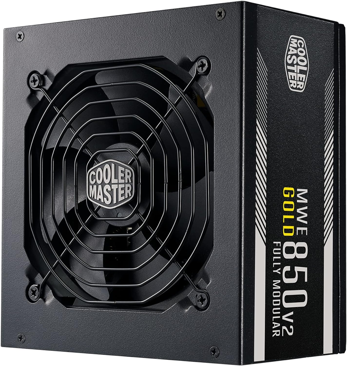 Czarny zasilacz z dużym wentylatorem i logo Cooler Master.