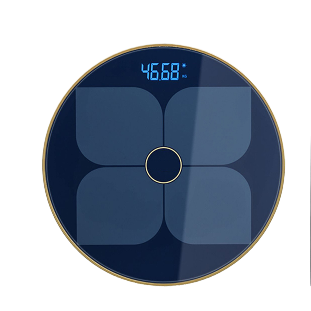 Blaue Digitalwaage, die das Gewicht anzeigt. Die Waage ist rund mit goldenem Rand.