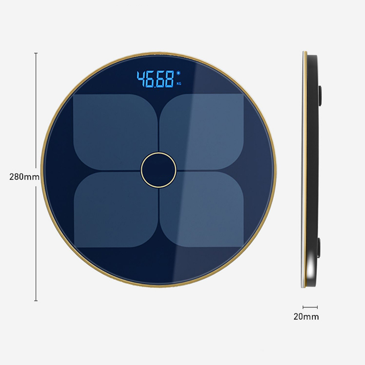 Runde Körperwaage mit blauem Display. Im Inneren befinden sich vier blaue Quadrate.