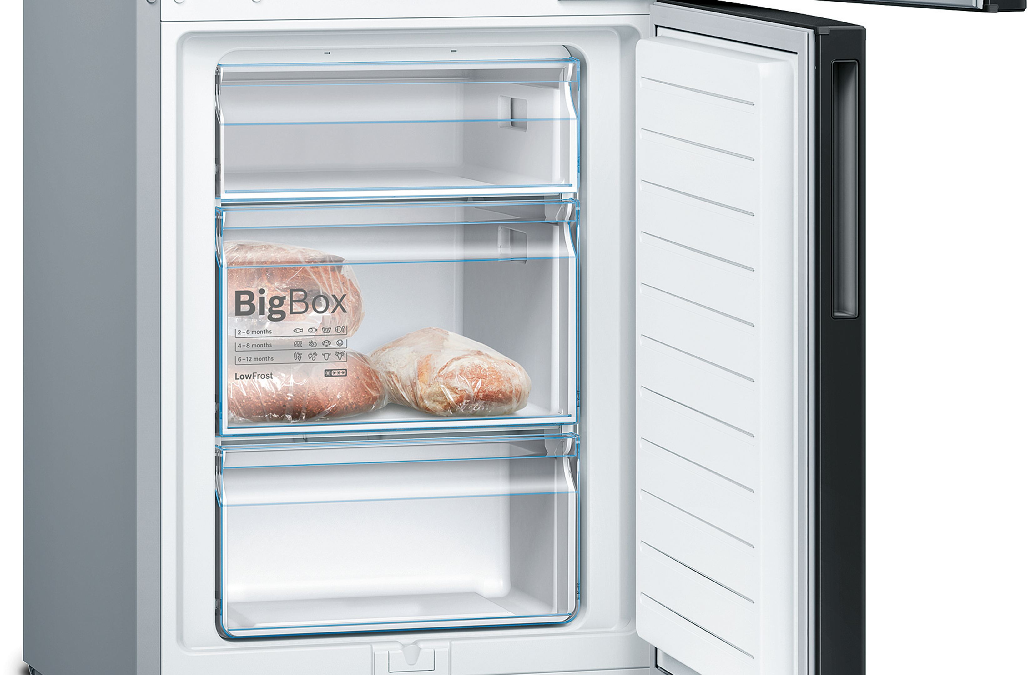 Ein Gefrierschrank mit drei transparenten Schubladen. Die obere Schublade hat Fleisch mit der Aufschrift 'BigBox'.