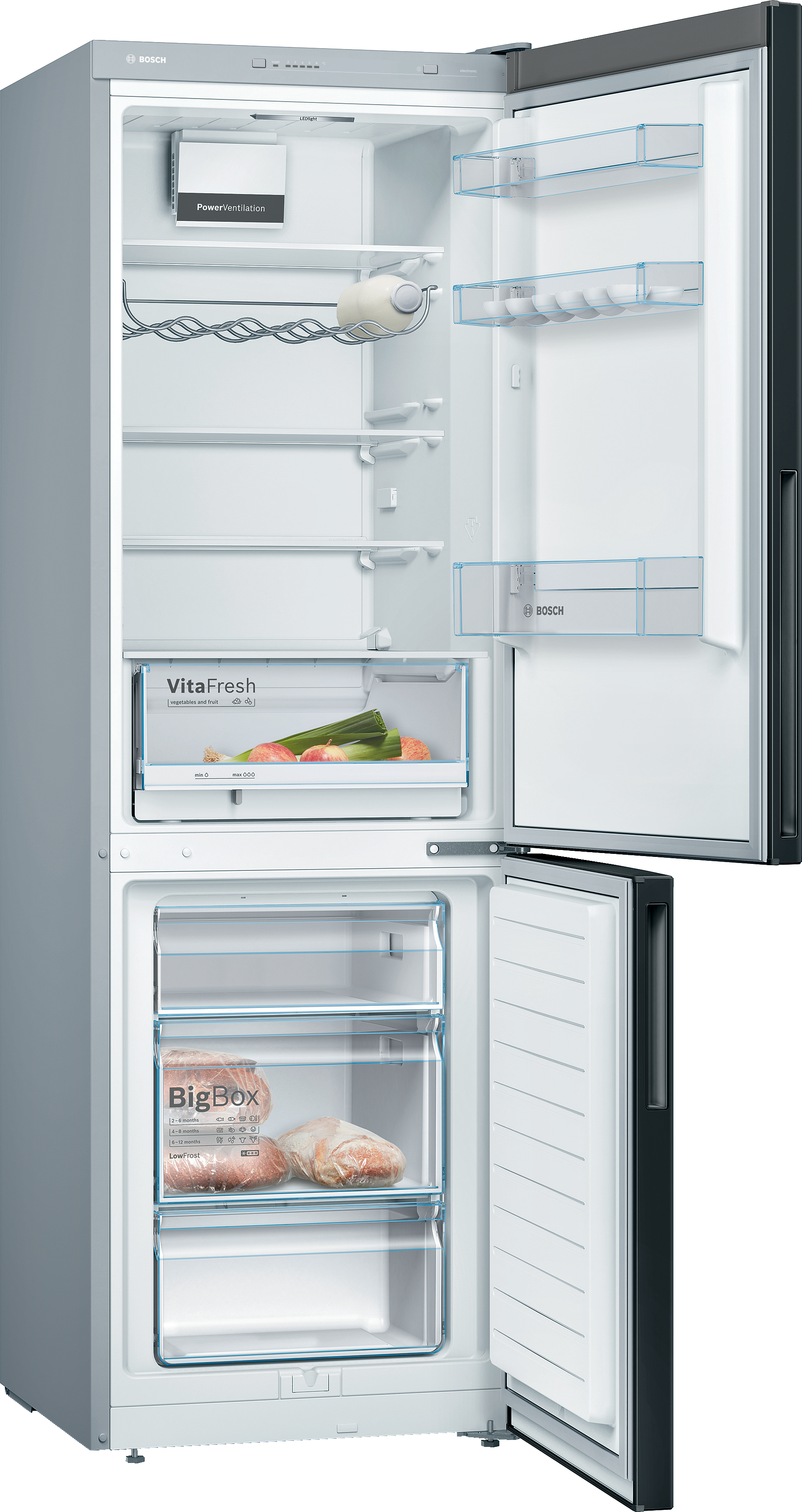 Offener Kühlschrank, zeigt Regale und Schubladen. Weißer Innenraum, schwarze Tür und graue Seiten.