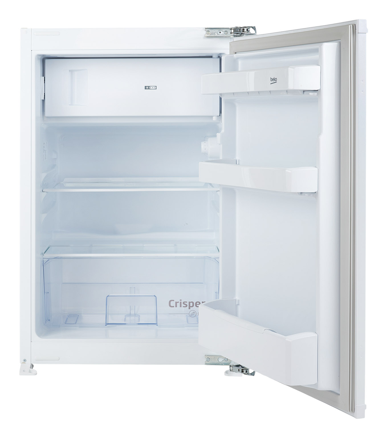 Weißer Kühlschrank mit offener Tür. Es hat Regale und Schubladen. Isoliert auf weißem Hintergrund.