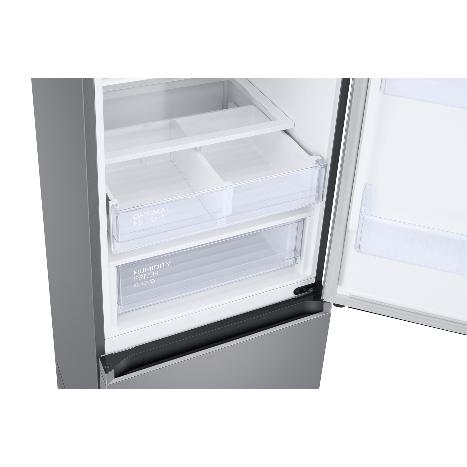 Interno del frigorifero con cassetti etichettati 'Optimal Fresh+' e 'Humidity Fresh'. La porta è aperta.