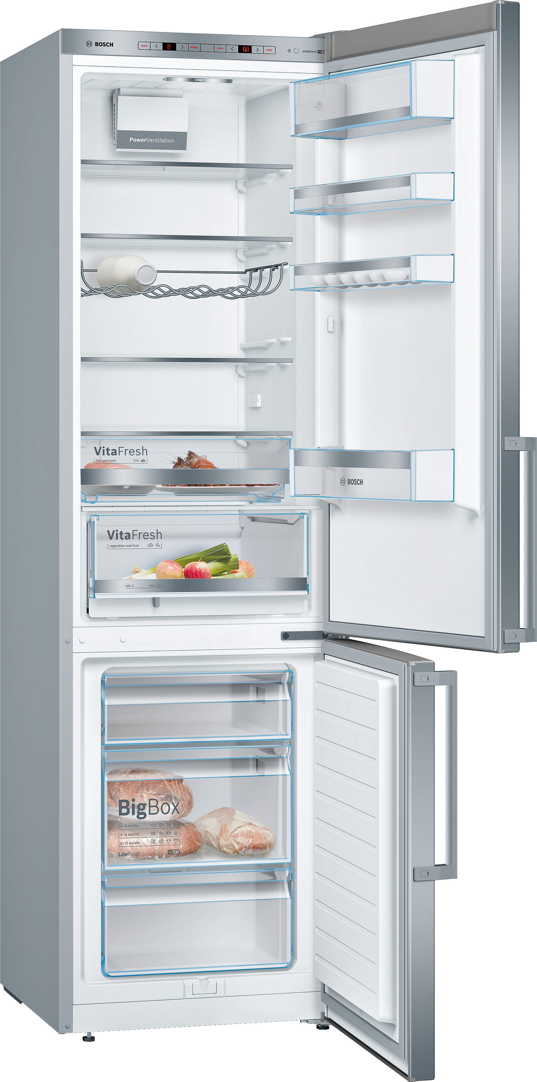 Frigorifero in acciaio inox aperto, con ripiani, cassetti e cibo visibile.