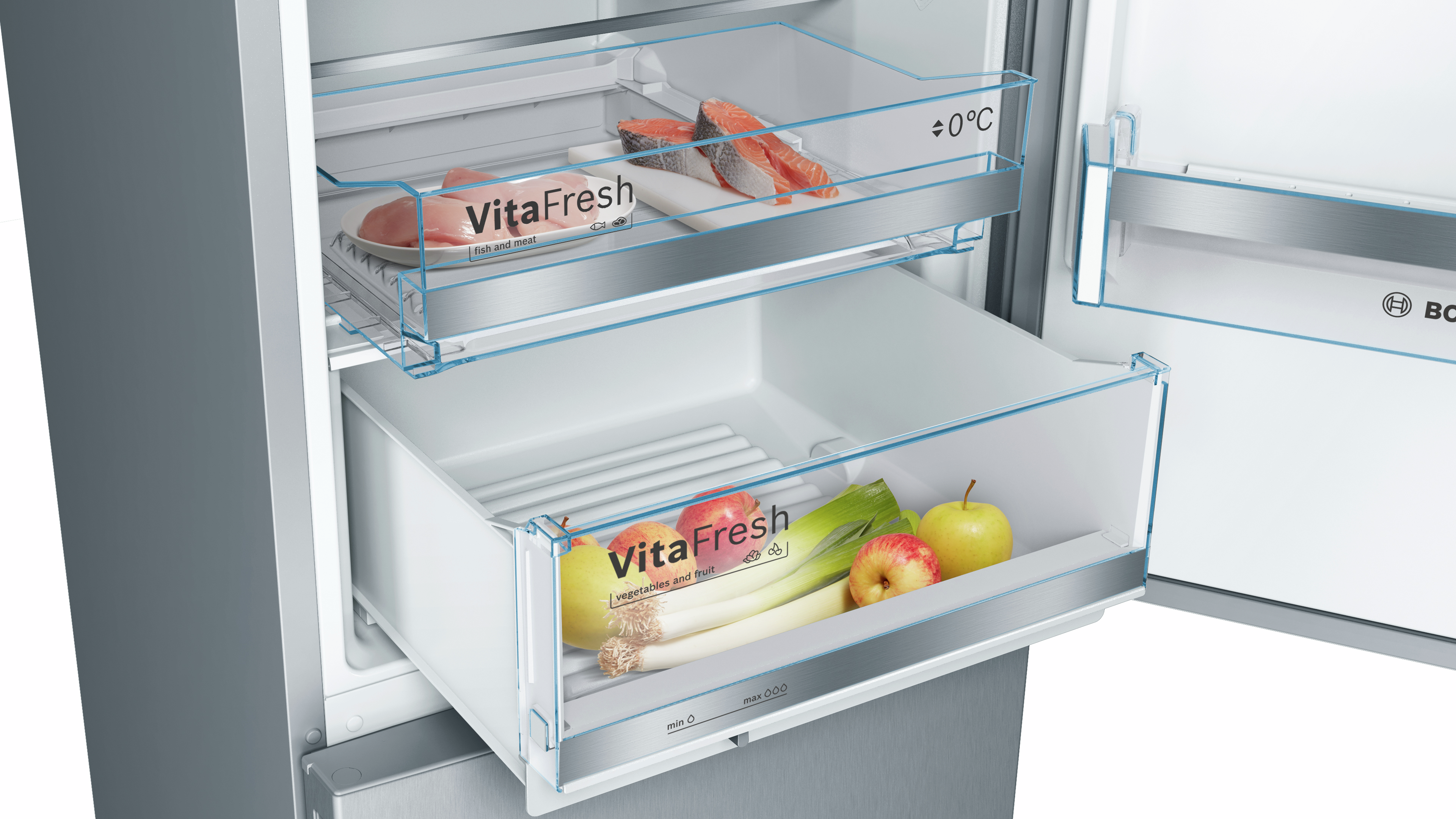Interno del frigorifero Bosch con due cassetti aperti. Contiene alimenti freschi.