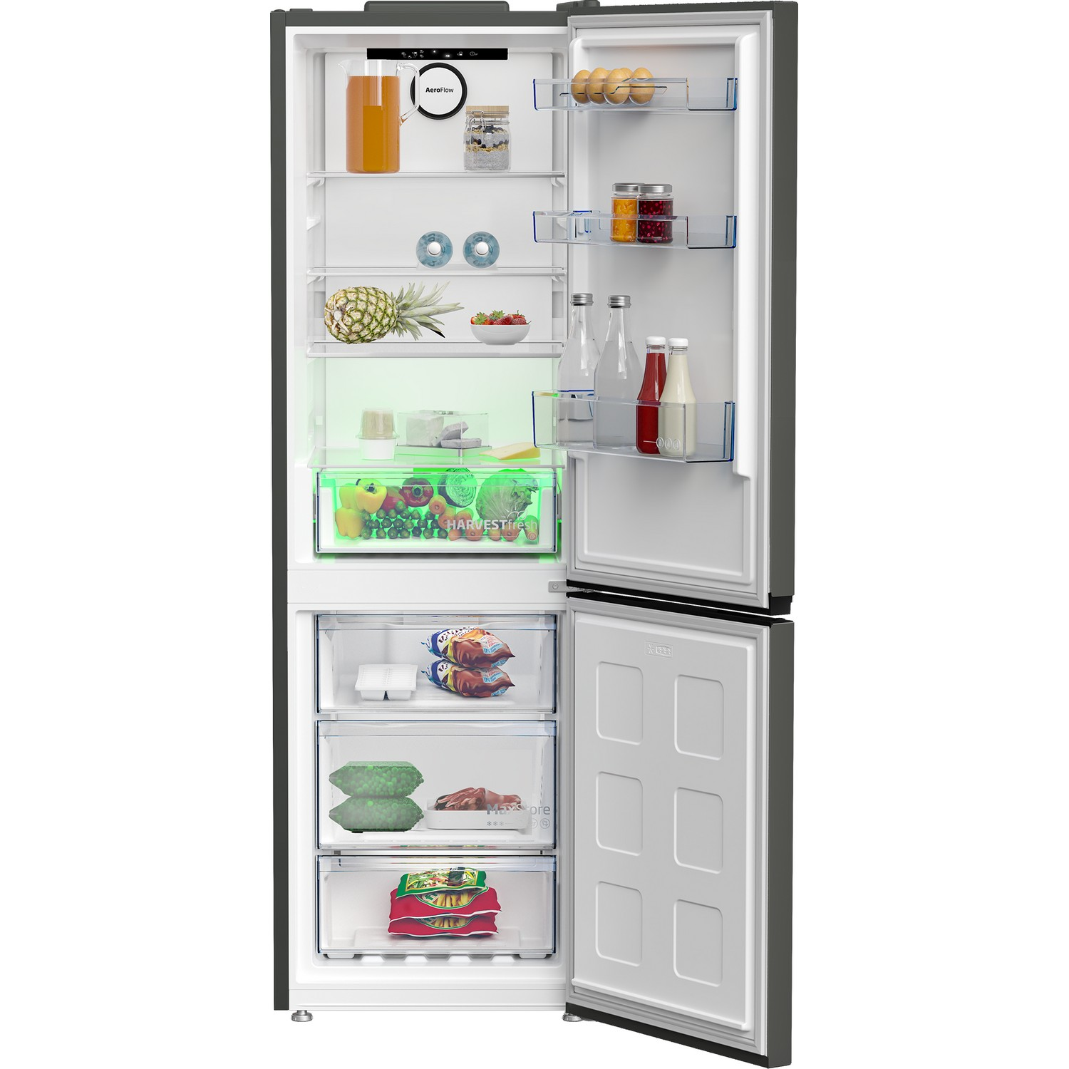 Kühlschrank-Innenraum. Offen, Regale, Essen, grünes Licht, Schubladen.