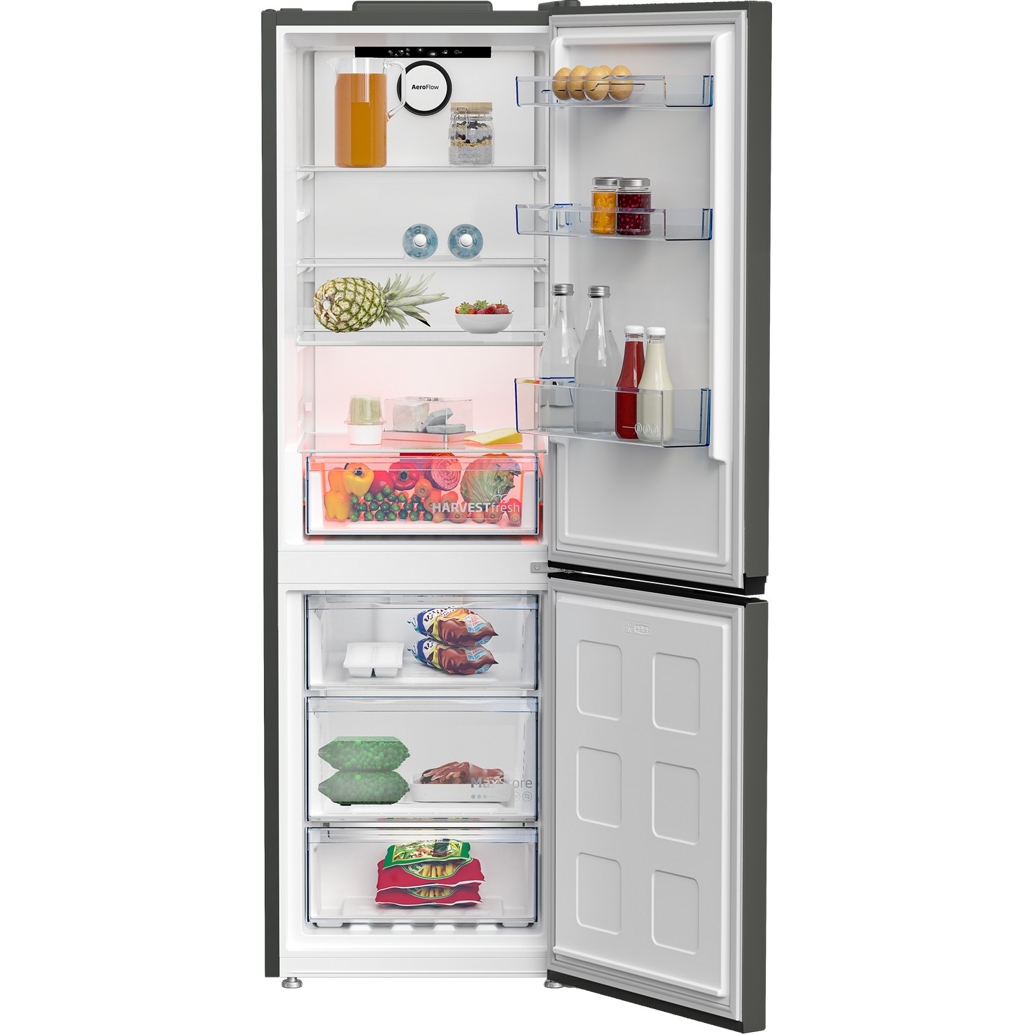 Offener Kühlschrank mit Lebensmitteln. Obst, Gemüse und Getränke. Weißes Innere.