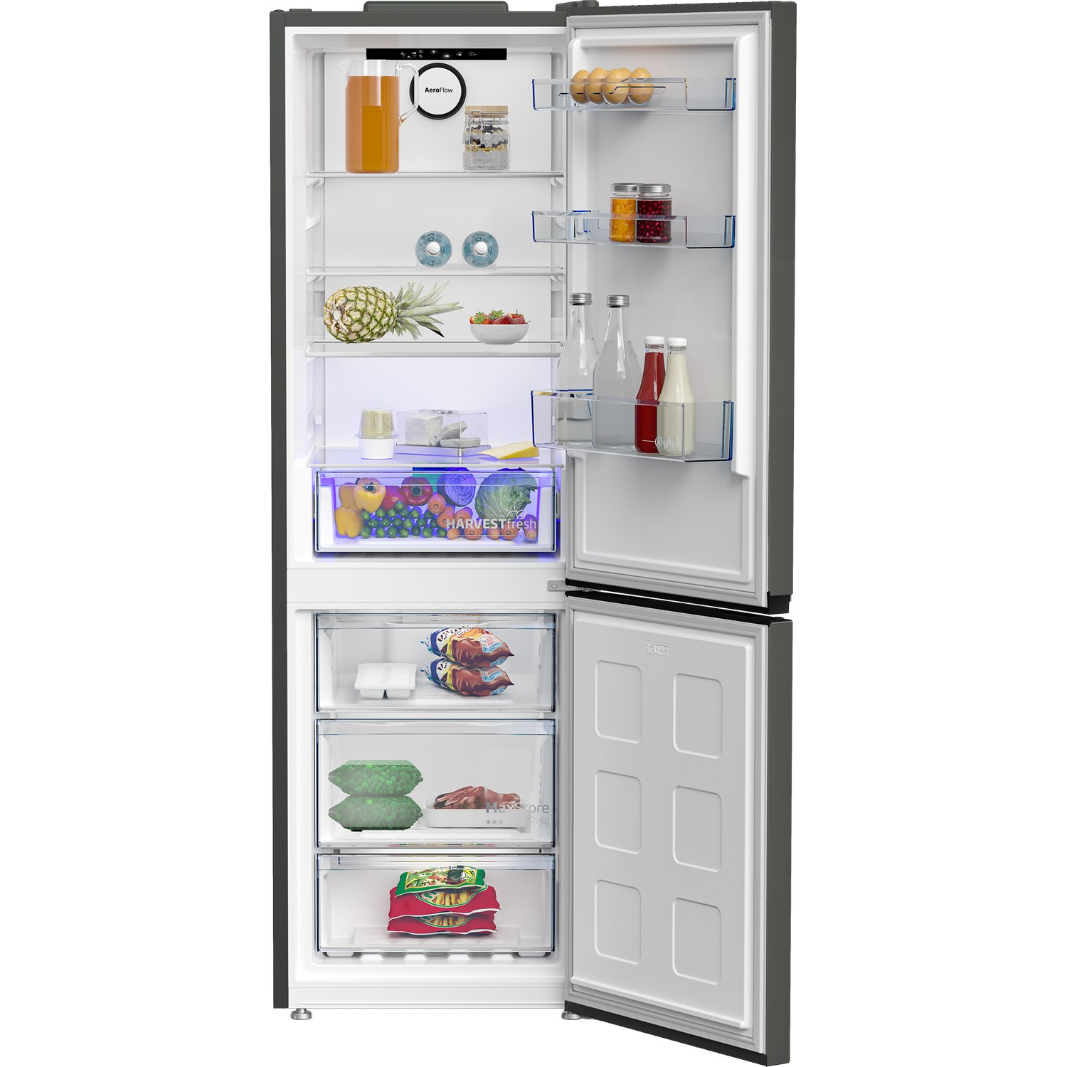 Ein Kühlschrank mit offener Tür. Innen gibt es Regale mit Lebensmitteln. Das Gefrierfach ist auch offen.