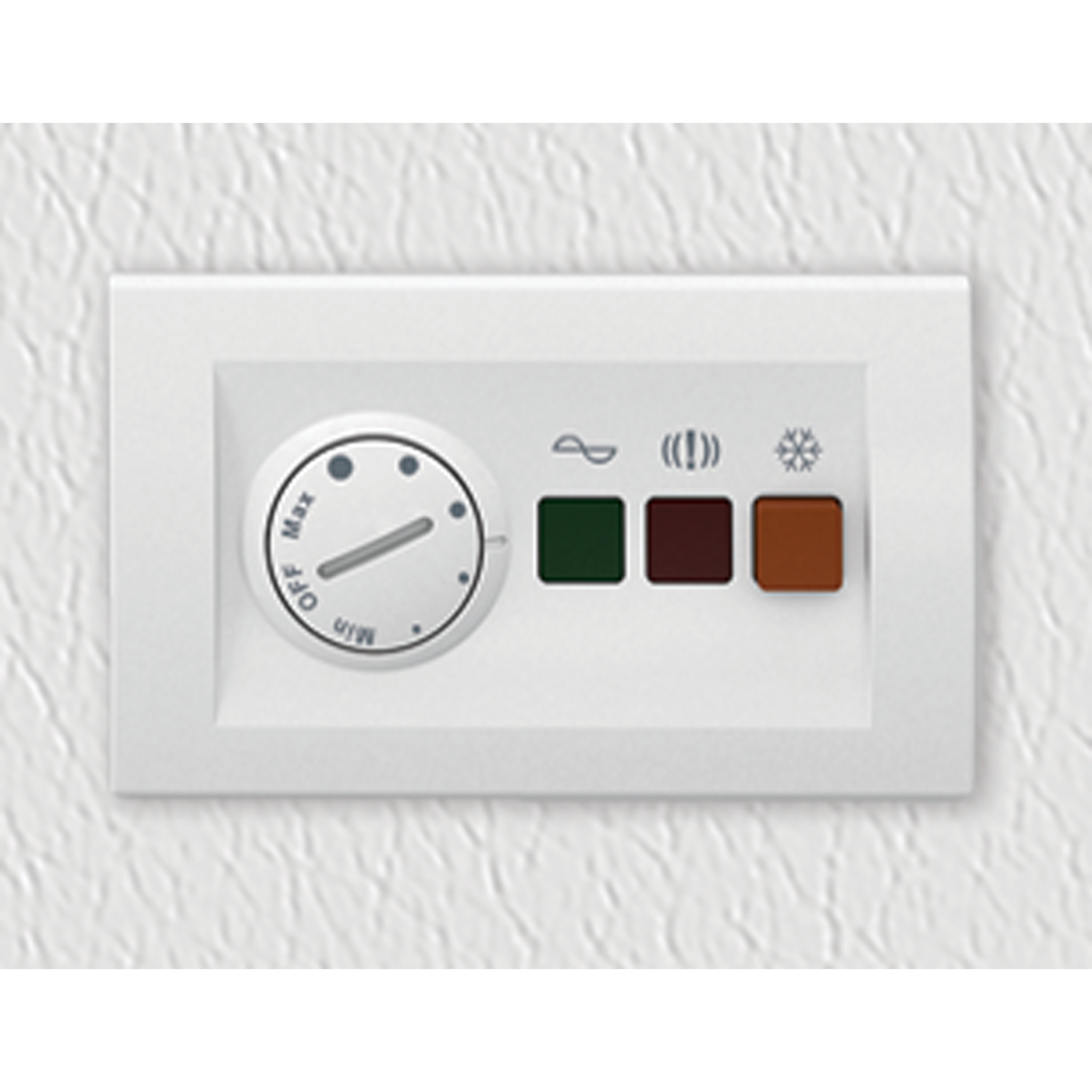 Pannello di controllo a parete bianco con quadrante e tre pulsanti colorati. Il quadrante è spento.