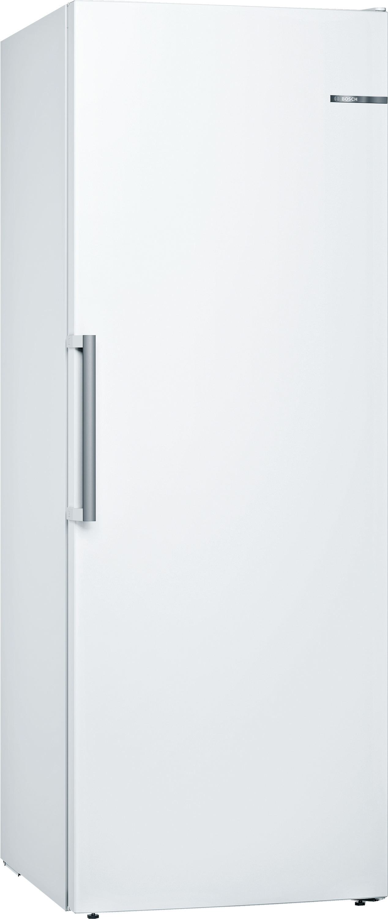 Weißer Kühlschrank mit silbernem Griff. Einfaches Design.