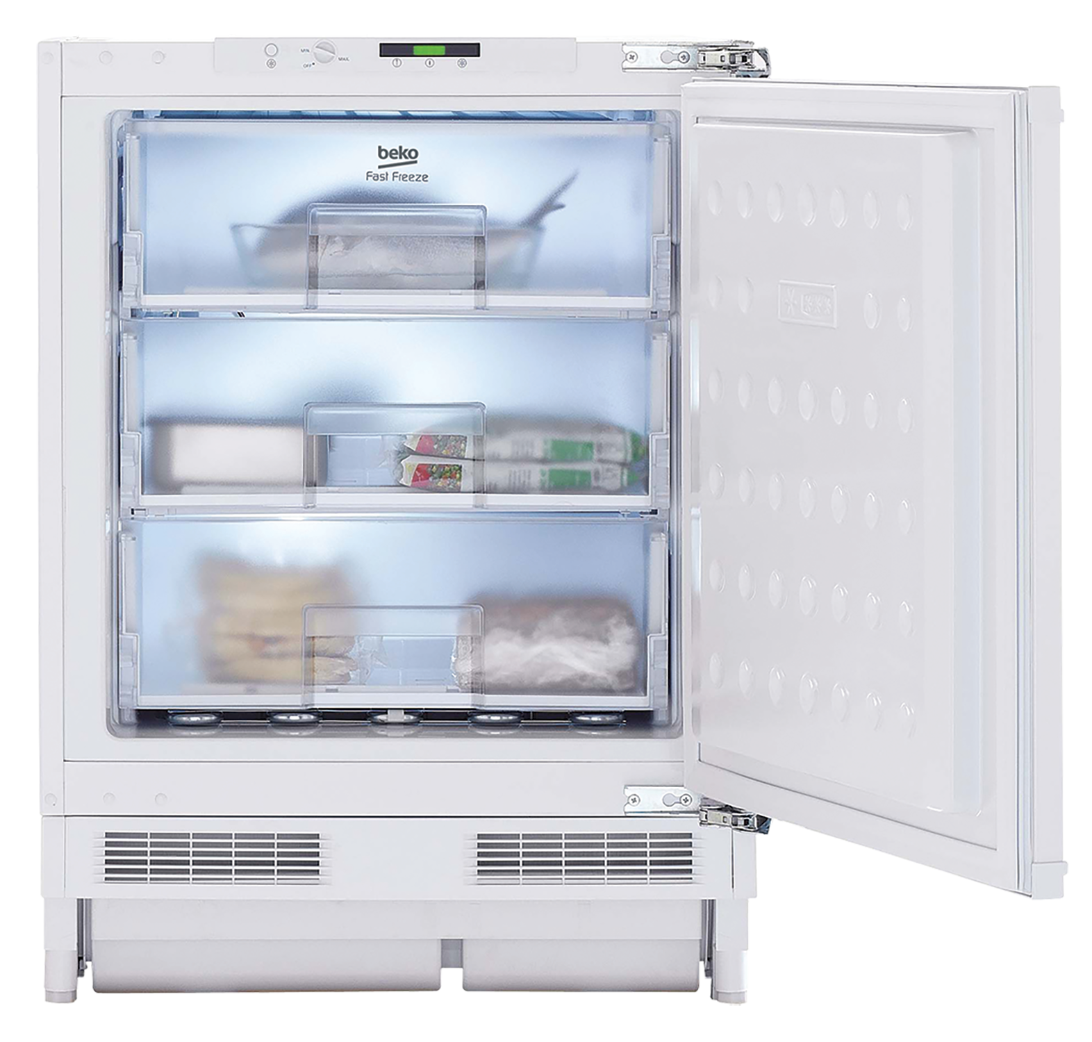 Un frigorifero bianco con tre cassetti aperti, che mostrano gli alimenti conservati all'interno.