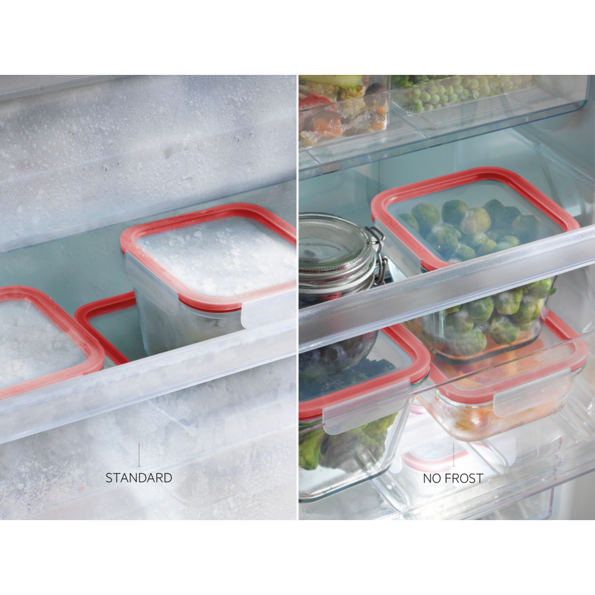 Confronto frigorifero: Standard vs No Frost. A sinistra ghiaccio, a destra contenitori con cibo.