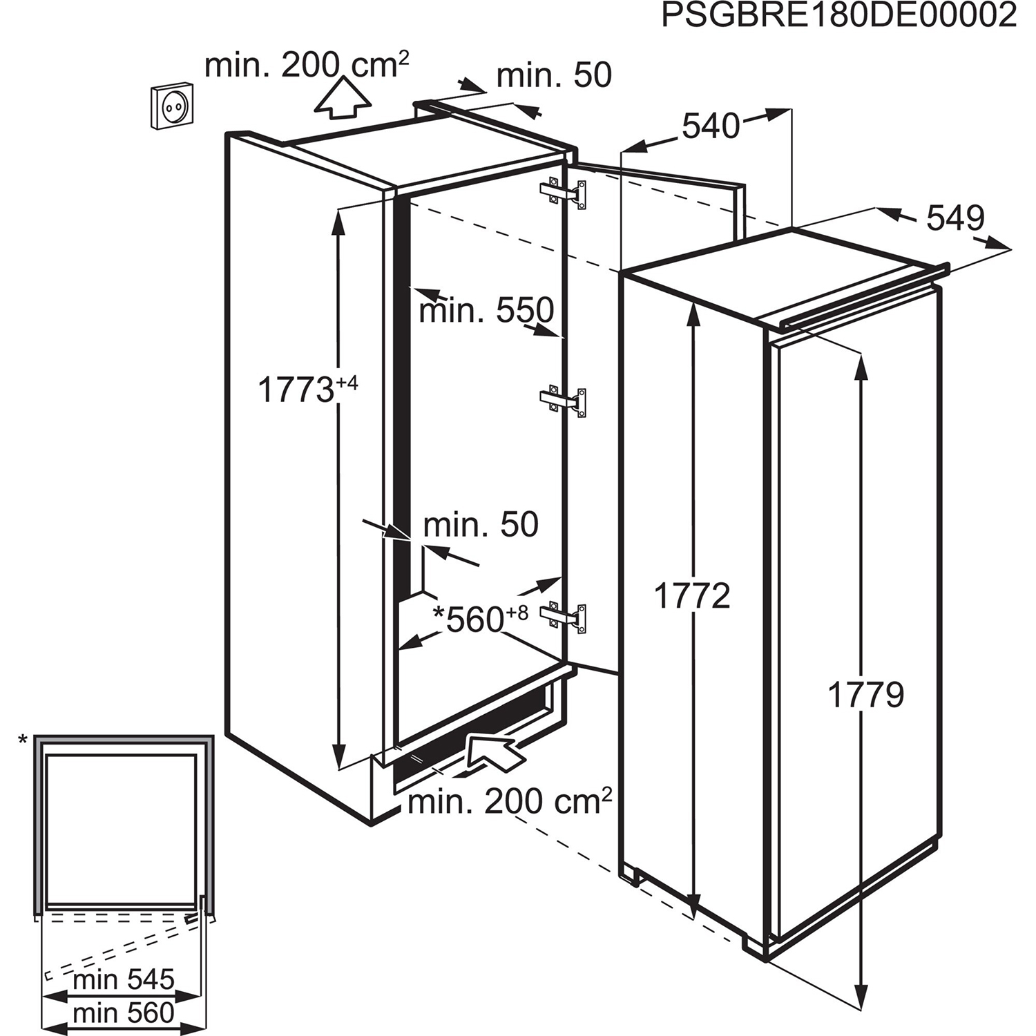 Disegno tecnico di un frigorifero con dimensioni ed etichette. Il disegno è in bianco e nero.
