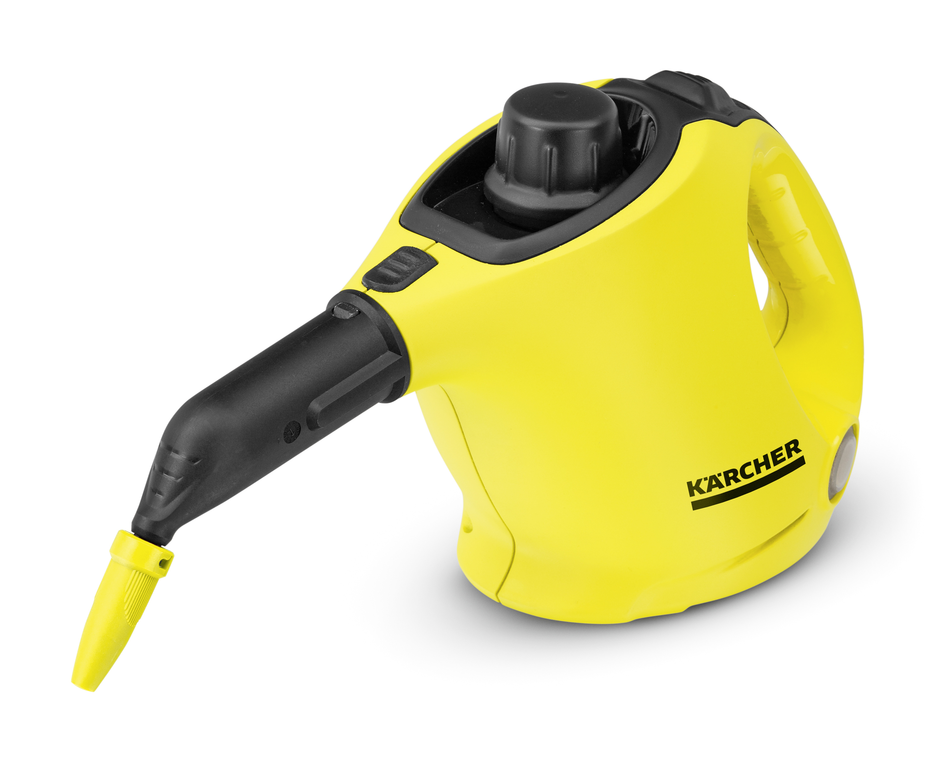 Sarı el tipi buharlı temizleyici, beyaz zemin üzerinde izole edilmiş.